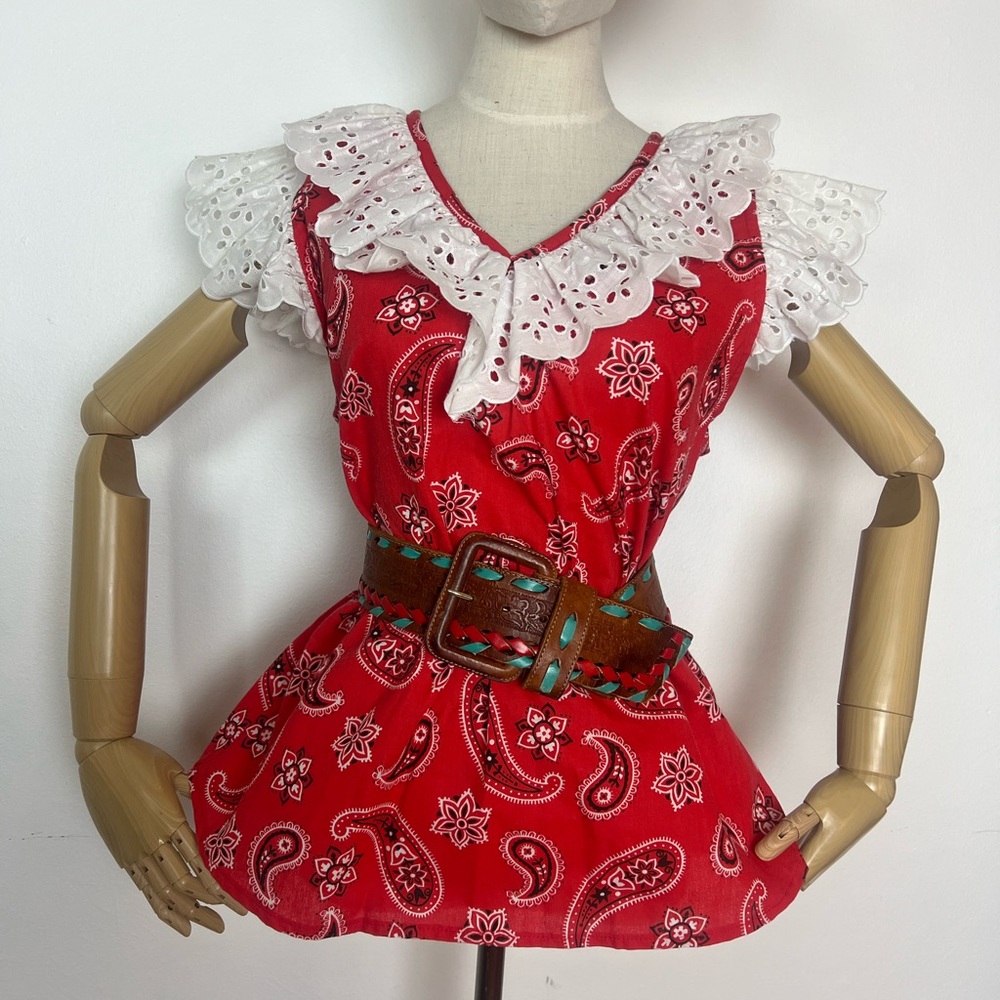 DEADSTOCK 70’s Vintage Circle T Red Paisley Blouse White Eyelet Ruffles XL 44b
